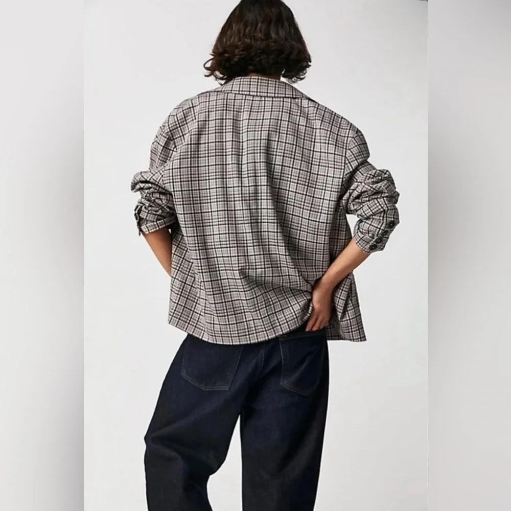 We the Free People Cali Plaid blazer M black grey pink Boxy Single Breasted - Picture 6 of 15